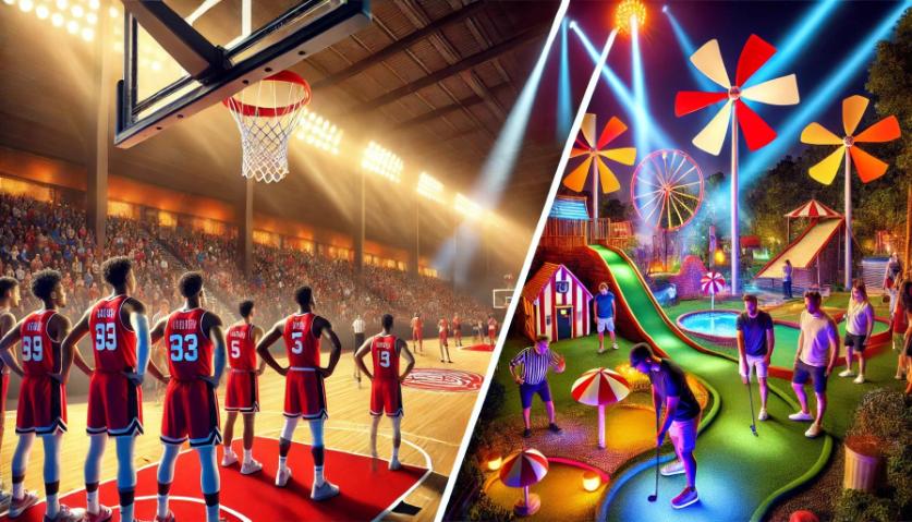A split-scene featuring college basketball players practicing under stadium lights on one side and a lively outdoor mini golf course with LED lighting and obstacles on the other.