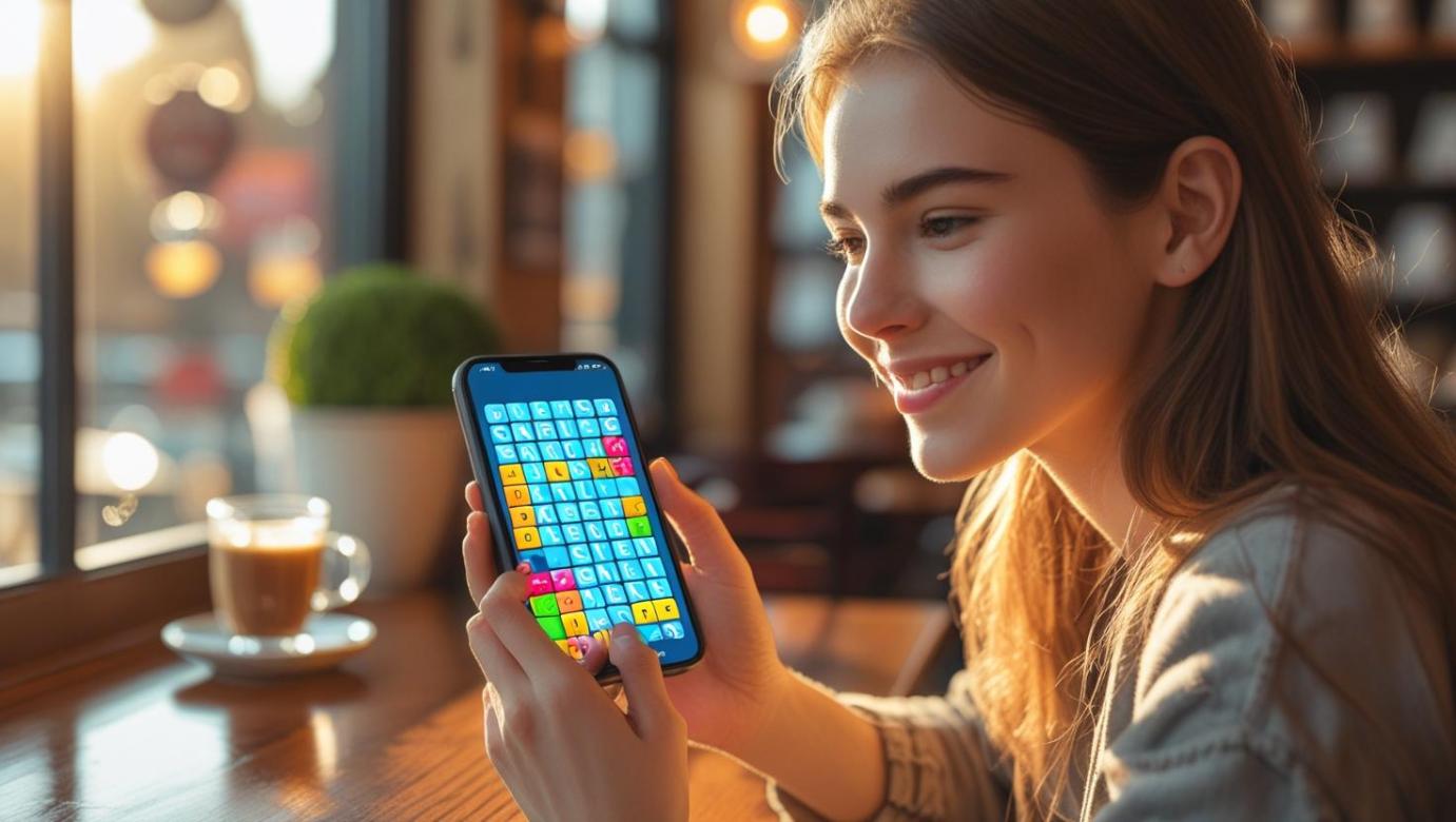 Young woman playing word puzzle game on phone in cozy coffee shop.