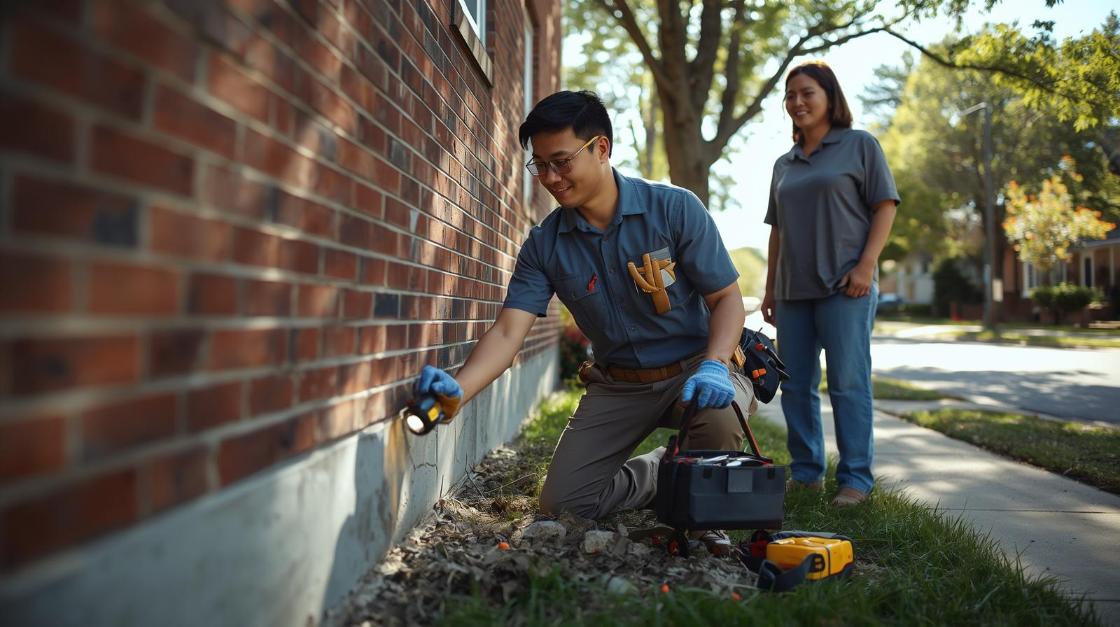 Pest control technician inspecting Buffalo home foundation while homeowner watches on sunny morning.